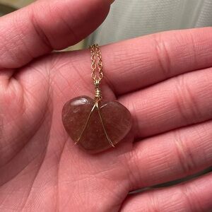 Handmade Gold Wire Wrapped Strawberry Quartz Heart Pendant Necklace